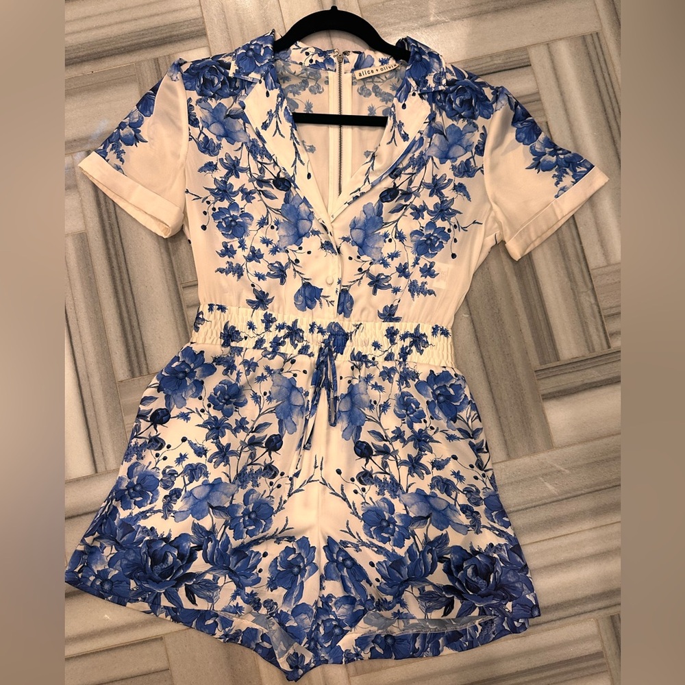 Alice + Olivia White Romper with Blue Floral Print